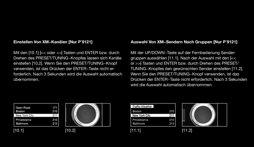 Eton 9120 instruction manual Einstellen Von XM−Kanälen Nur P´9121, Auswahl Von XM−Sendern Nach Gruppen Nur P´9121 