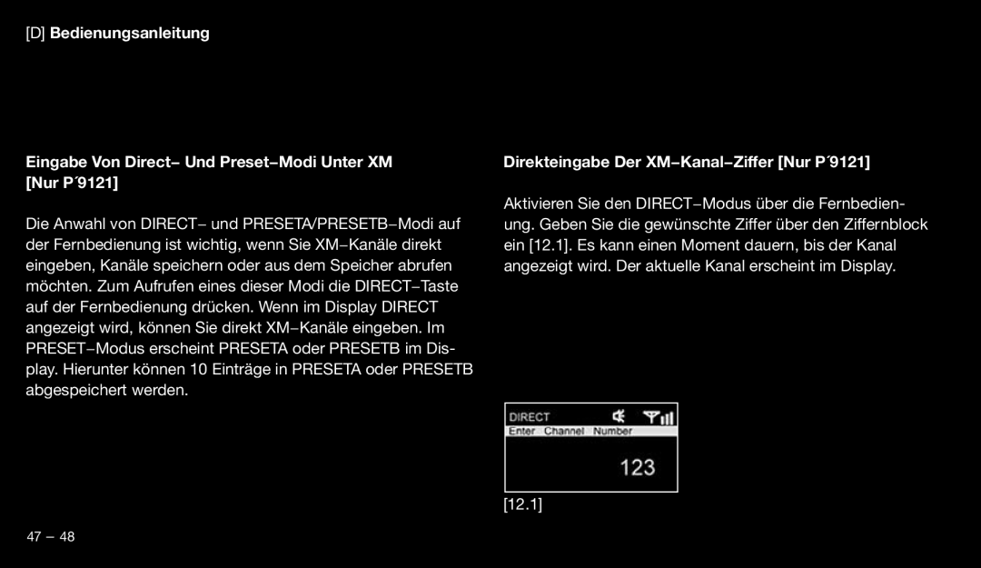Eton 9120 instruction manual Direkteingabe Der XM−Kanal−Ziffer Nur P´9121 