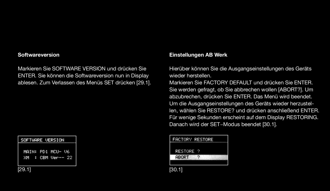 Eton 9120 instruction manual Softwareversion, Einstellungen AB Werk 