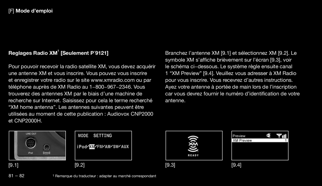 Eton 9120 instruction manual Mode d’emploi Reglages Radio XM1 Seulement P´9121 