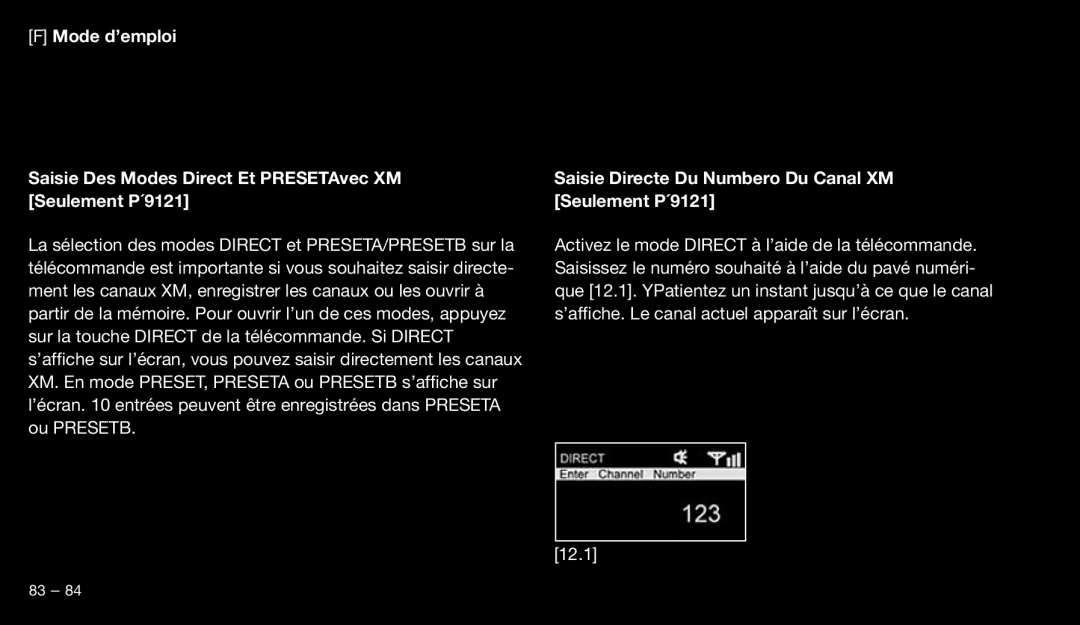 Eton 9120 instruction manual Saisie Directe Du Numbero Du Canal XM Seulement P´9121 