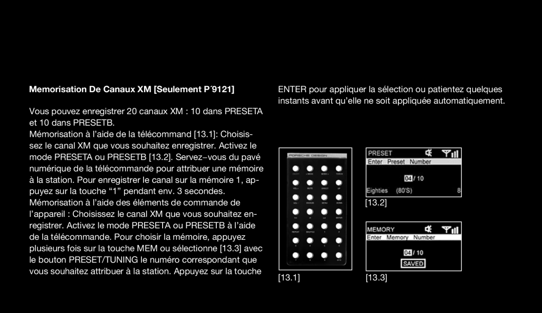 Eton 9120 instruction manual Memorisation De Canaux XM Seulement P´9121 