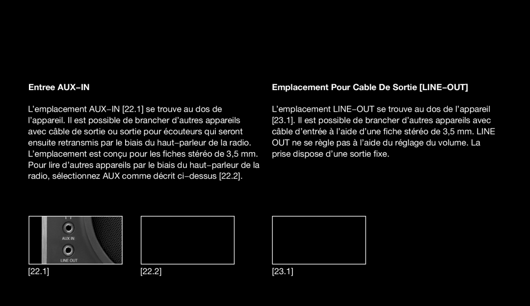 Eton 9120 instruction manual Entree AUX−IN Emplacement Pour Cable De Sortie LINE−OUT 