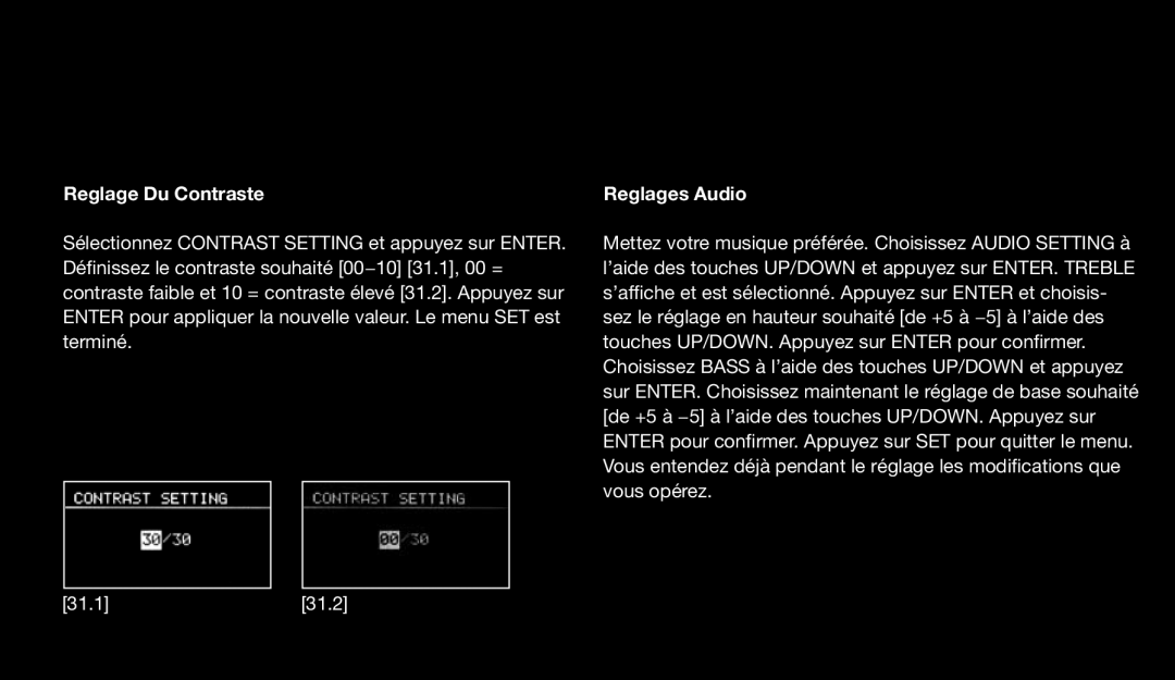 Eton 9120 instruction manual Reglage Du Contraste, Reglages Audio 