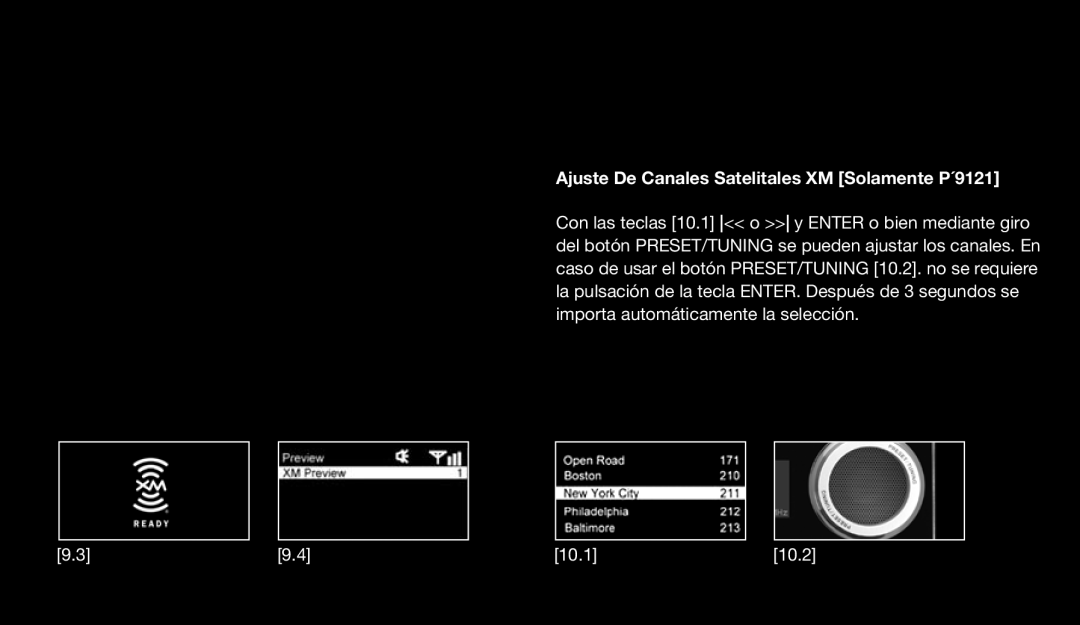 Eton 9120 instruction manual Ajuste De Canales Satelitales XM Solamente P´9121, 10.1, 10.2 