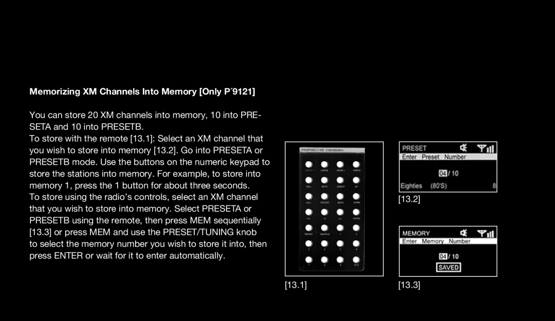 Eton 9120 instruction manual Memorizing XM Channels Into Memory Only P´9121 