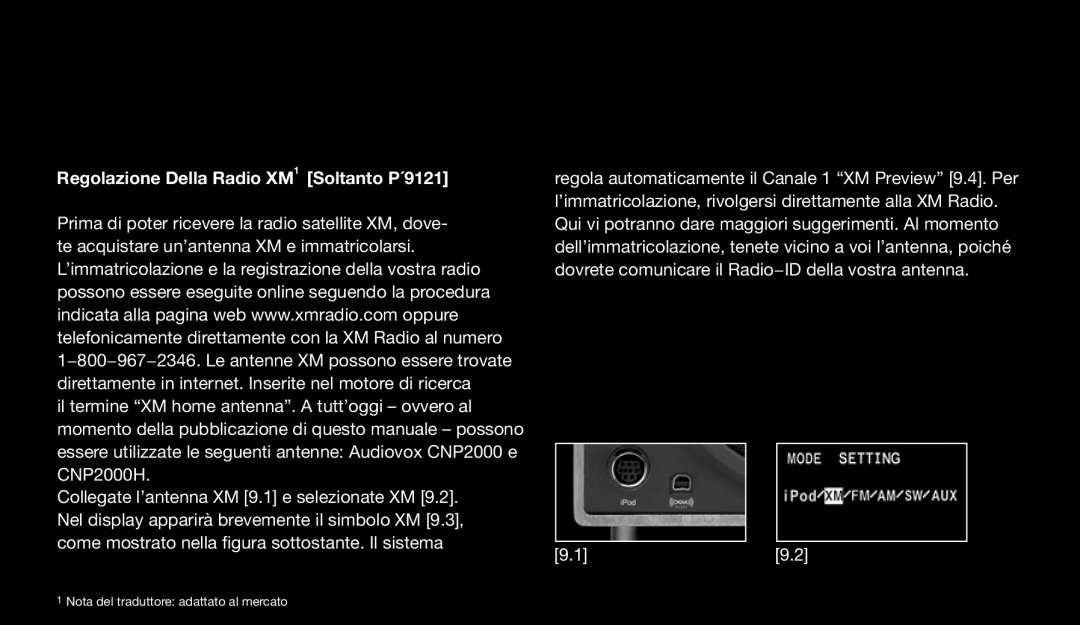 Eton 9120 instruction manual Regolazione Della Radio XM1 Soltanto P´9121 