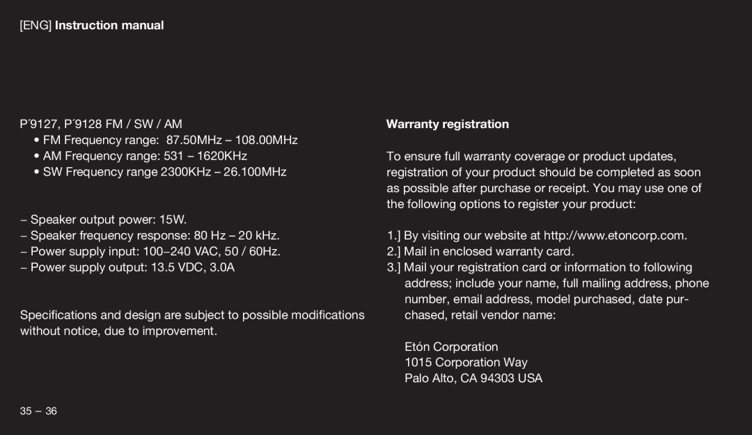 Eton 9120 instruction manual Warranty registration, ENG Instruction manual 