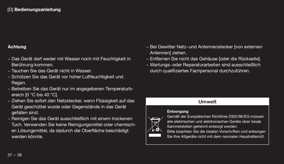 Eton 9120 instruction manual DBedienungsanleitung Achtung, Umwelt 