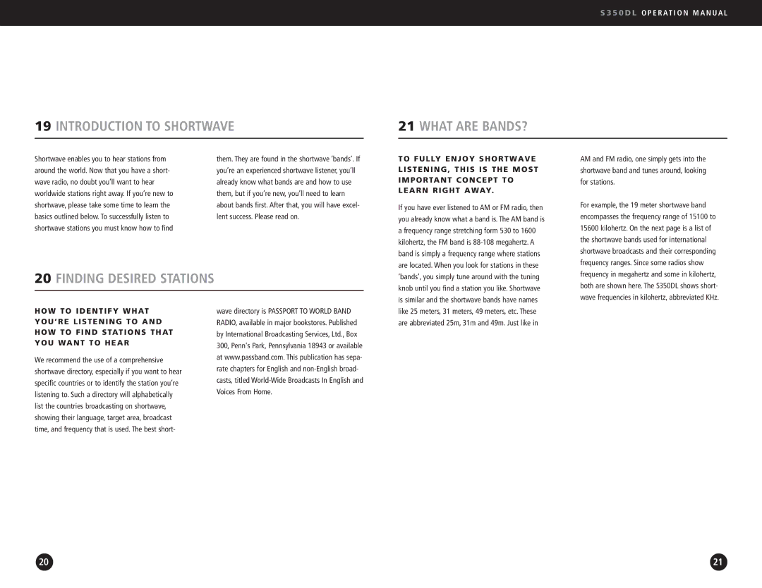 Eton AM/FM Radio operation manual Introduction to Shortwave What are BANDS?, Finding Desired Stations 