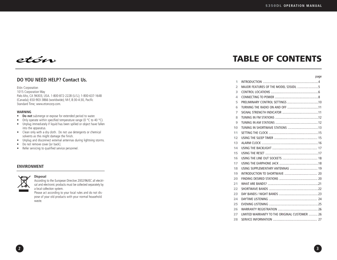 Eton AM/FM Radio operation manual Table of Contents 