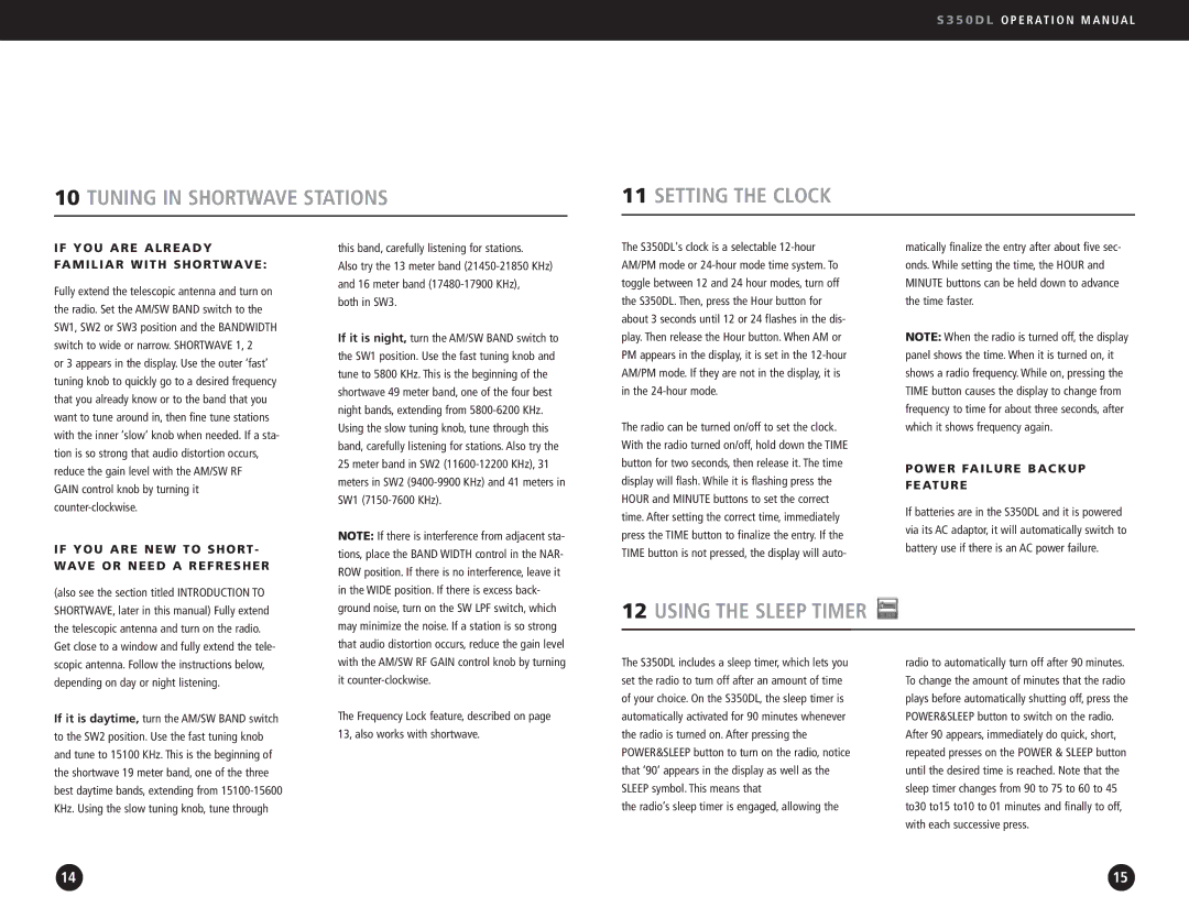 Eton AM/FM Radio Tuning in Shortwave Stations Setting the Clock, Using the Sleep Timer, Power Failure Backup Feature 