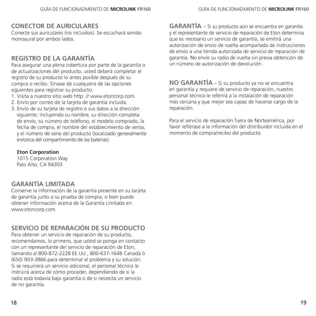 Eton ARCFR160WXR RED, ARCFR160WXW WHT owner manual Conector DE Auriculares, Registro DE LA Garantía 