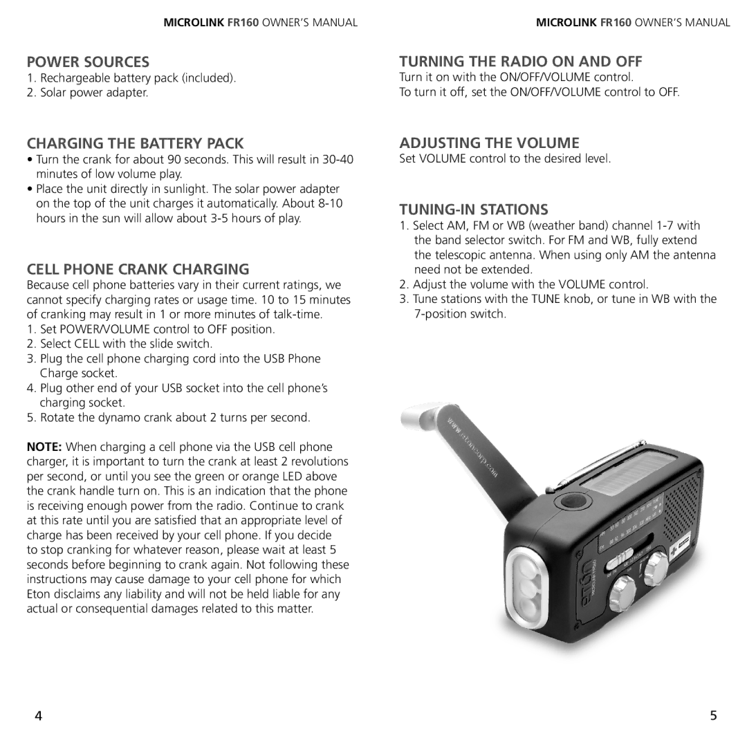 Eton ARCFR160WXW WHT Power Sources, Charging the Battery Pack, Cell Phone Crank Charging, Turning the Radio on and OFF 