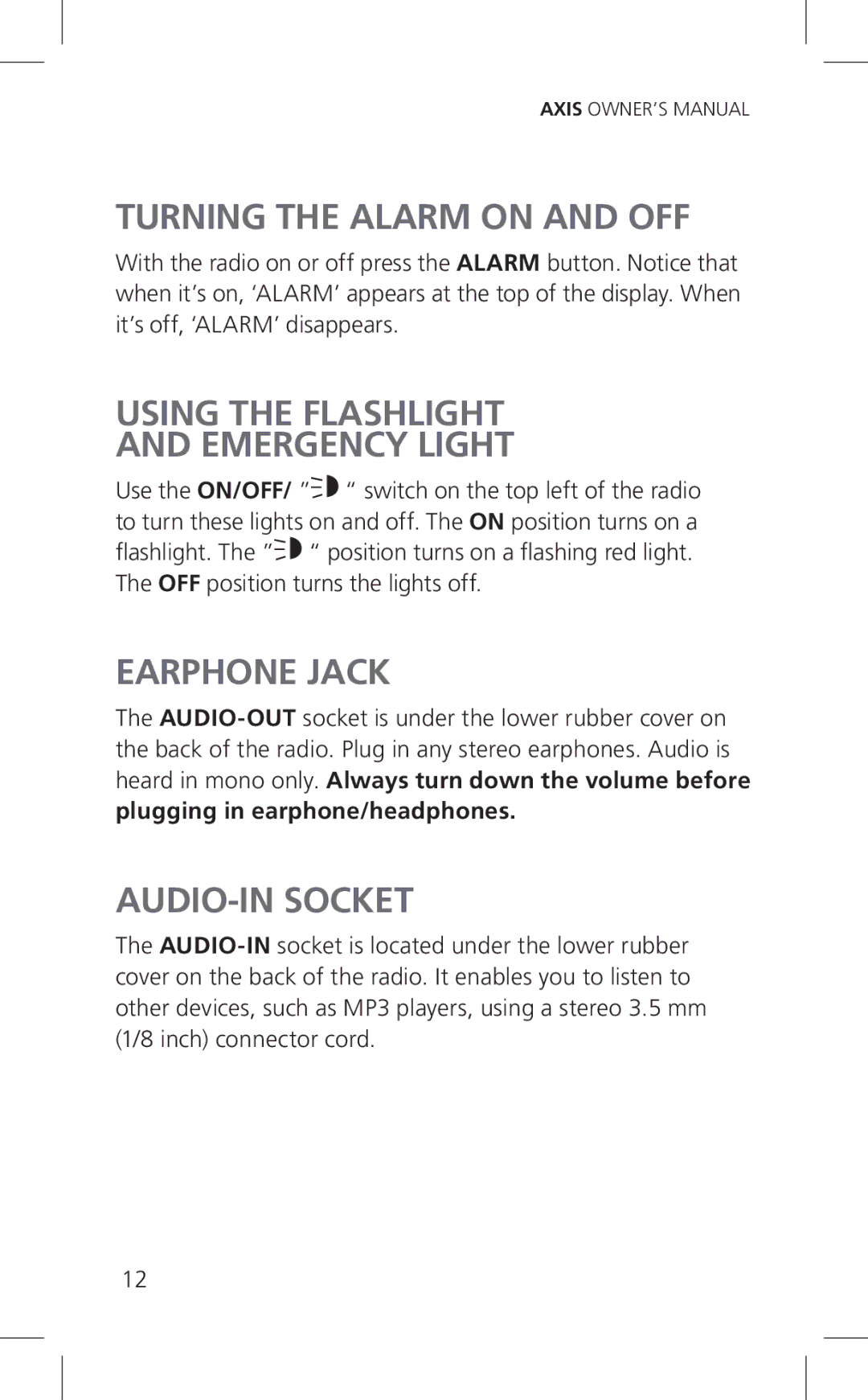 Eton ARCPT300W Turning the Alarm on and OFF, Using the Flashlight Emergency Light, Earphone Jack, AUDIO-IN Socket 