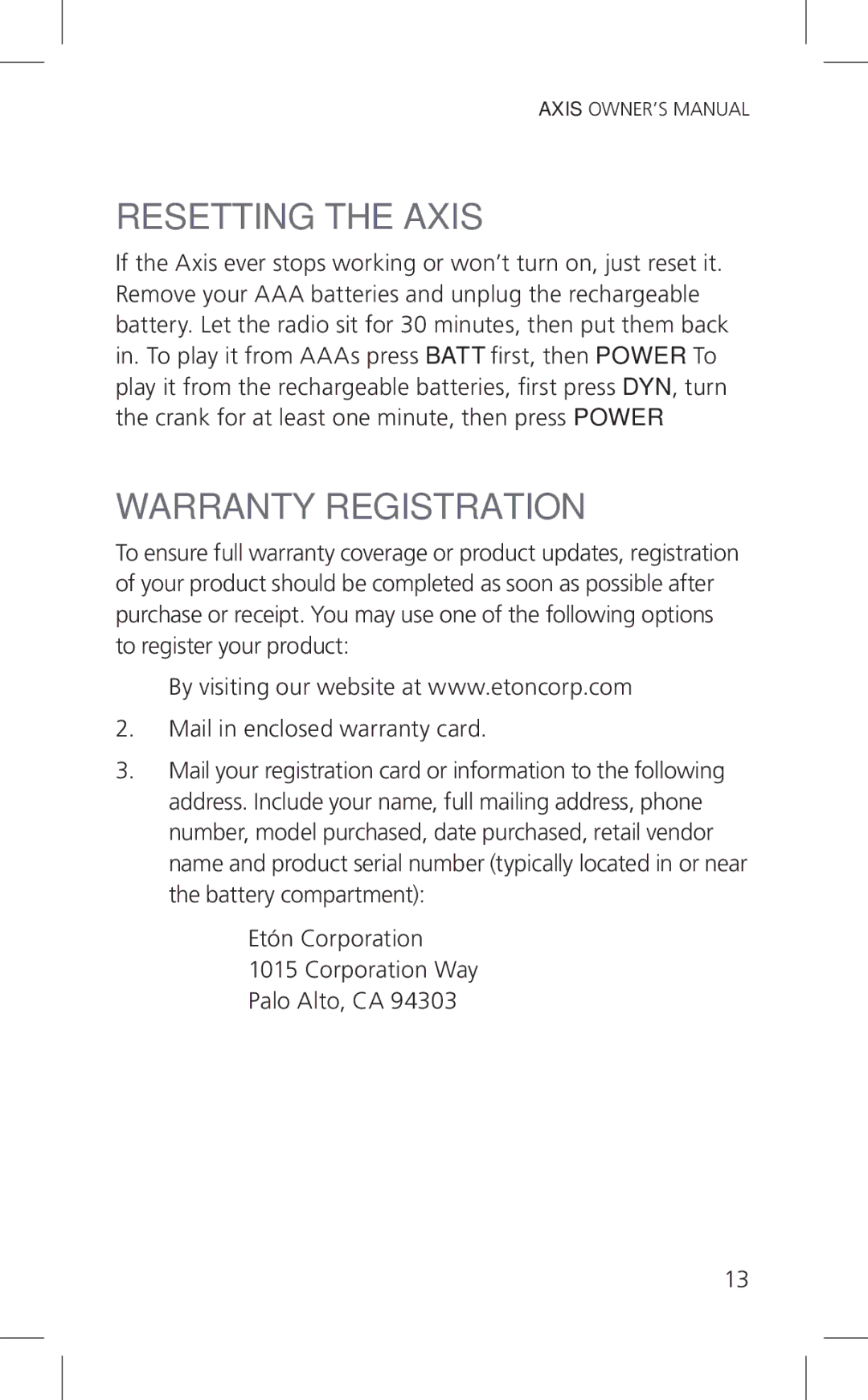 Eton Cell Phone Accessories, ARCPT300W owner manual Resetting the Axis, Warranty Registration 
