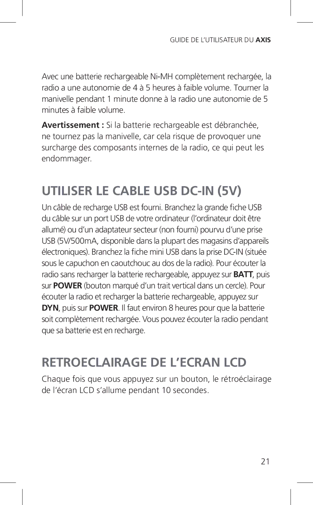 Eton Cell Phone Accessories, ARCPT300W owner manual Utiliser LE Cable USB DC-IN, Retroeclairage DE L’ECRAN LCD 