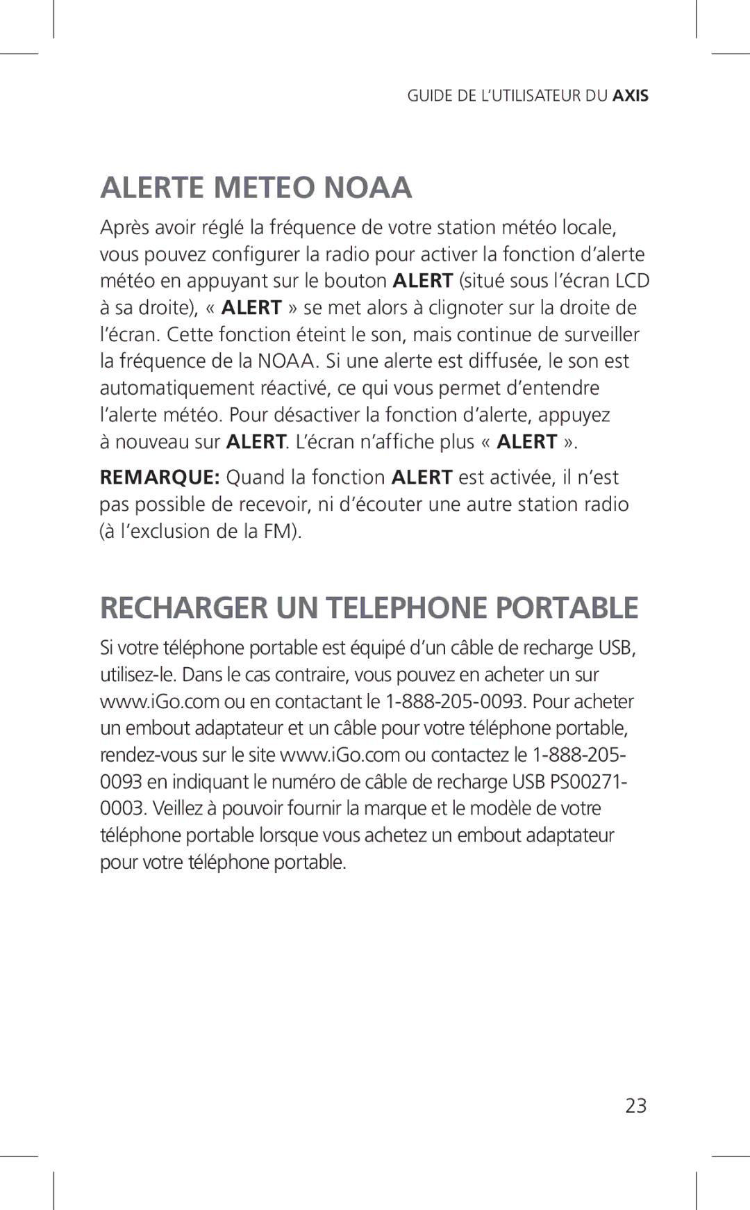 Eton Cell Phone Accessories, ARCPT300W owner manual Alerte Meteo Noaa, Recharger UN Telephone Portable 