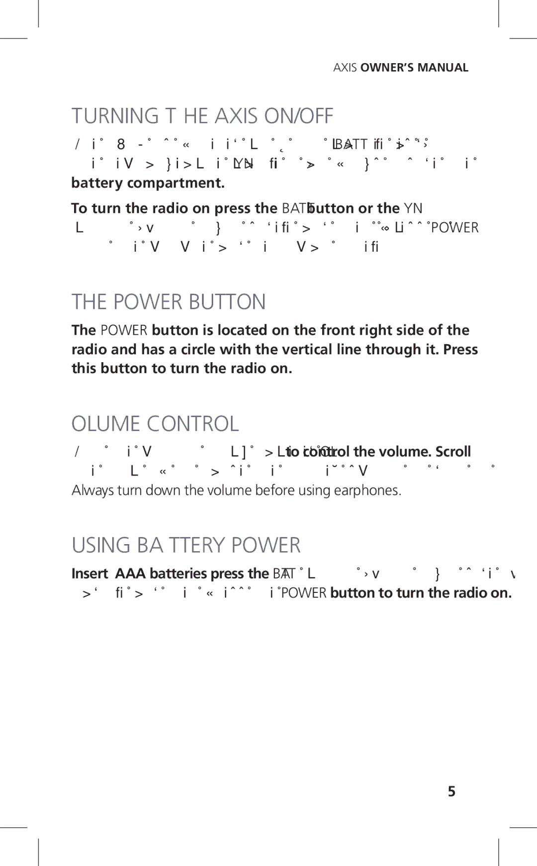 Eton Cell Phone Accessories, ARCPT300W Turning the Axis ON/OFF, Power Button, Volume Control, Using Battery Power 