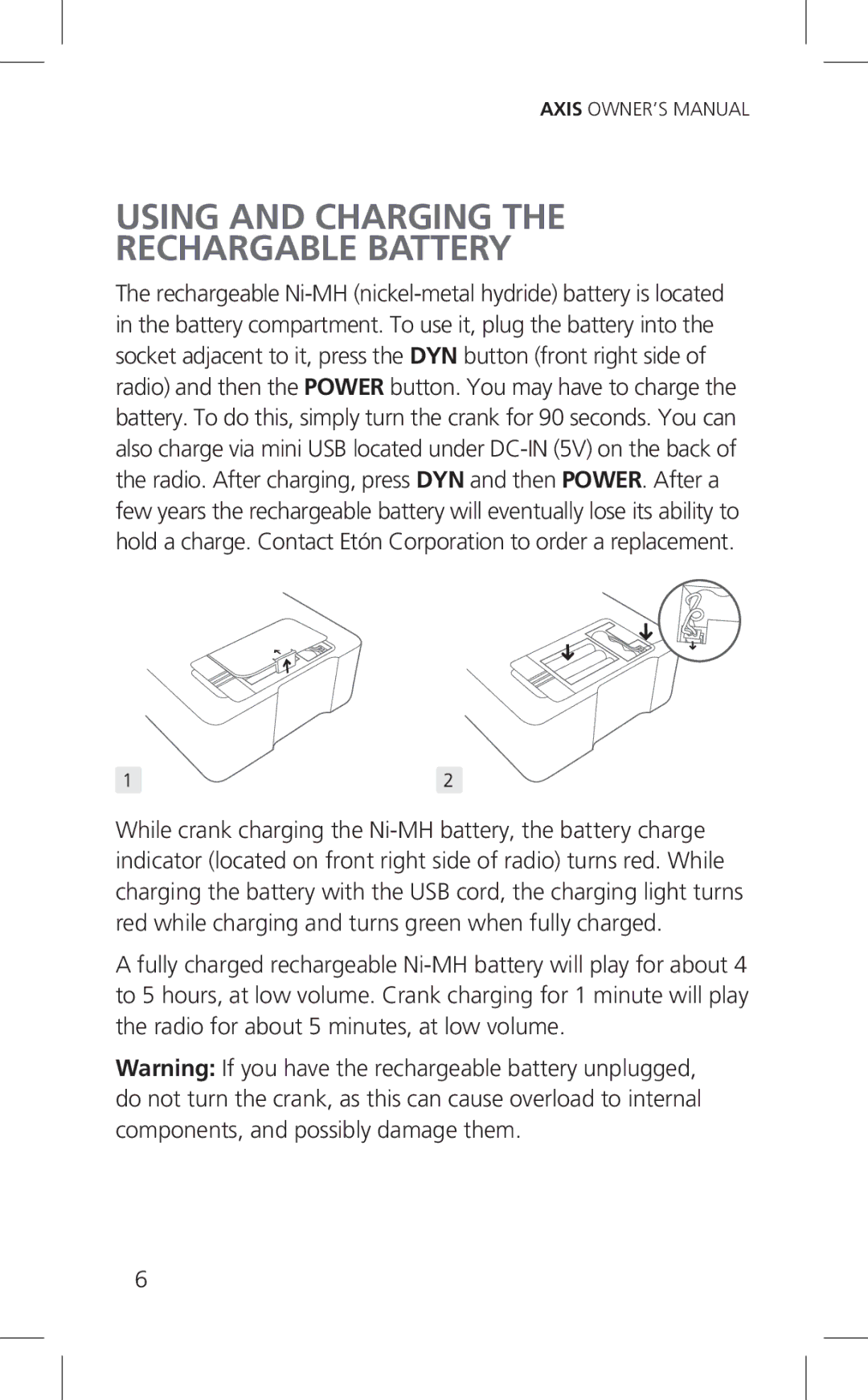 Eton ARCPT300W, Cell Phone Accessories owner manual Using and Charging Rechargable Battery 