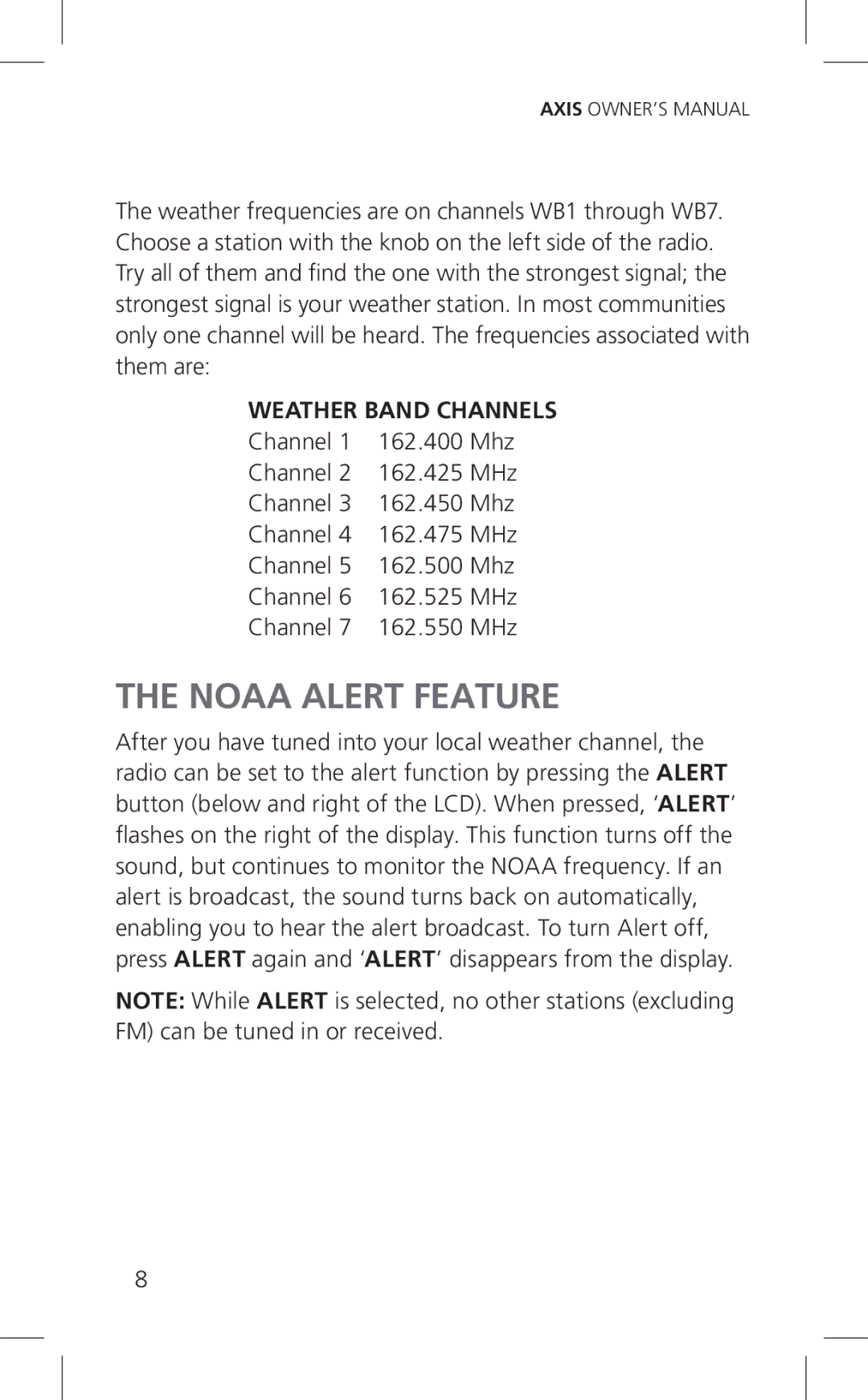 Eton ARCPT300W, Cell Phone Accessories owner manual Noaa Alert Feature, Weather Band Channels 