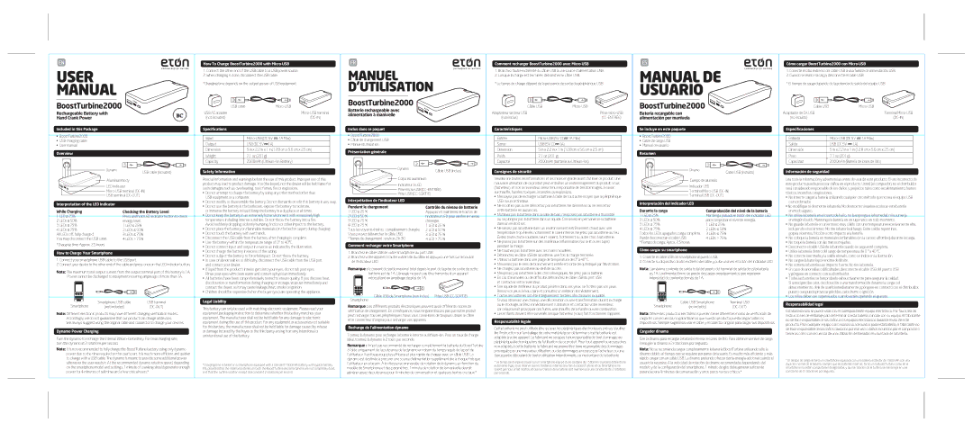 Eton BOOSTTURBINE2000 user manual Overview, Présentation générale, Safety Information, Consignes de sécurité, Resumen 