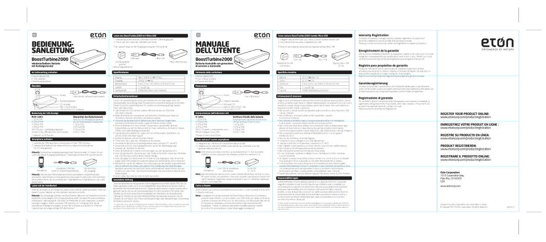 Eton BOOSTTURBINE2000 user manual Im Lieferumfang enthalten Spezifikationen, Specifiche tecniche, Überblick, Panoramica 