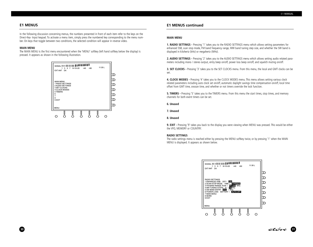 Eton manual E1 Menus, Main Menu, Unused, Radio Settings 