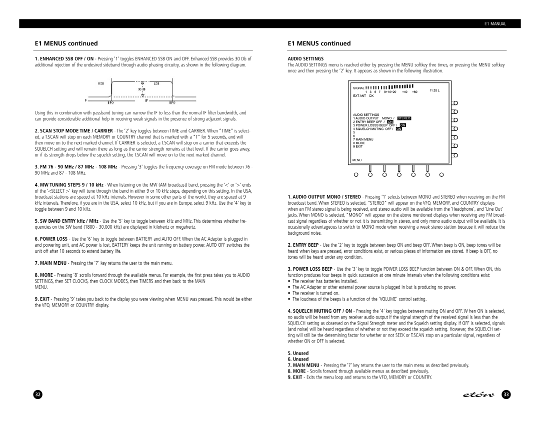 Eton E1 manual MHz and 87 108 MHz, Menu, Audio Settings 