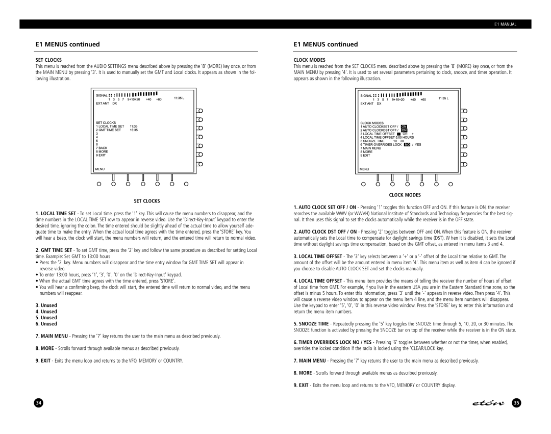 Eton E1 manual SET Clocks, Clock Modes 