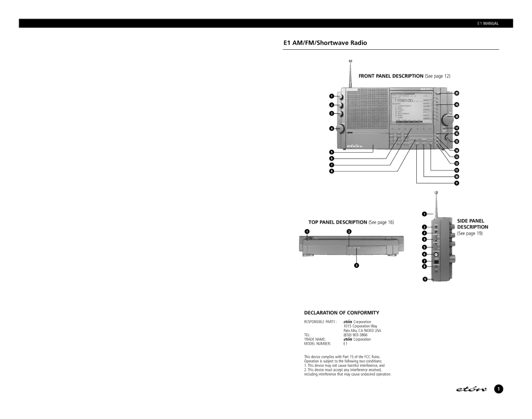 Eton manual E1 AM/FM/Shortwave Radio, Front Panel Description See, Side Panel Description 