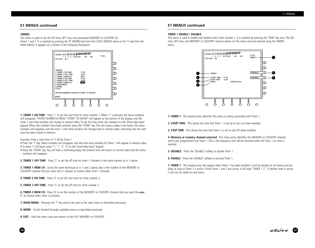 Eton E1 manual Timers, Example Enter a start time of 1130 for Timer, Timer 1 Enable / Disable 