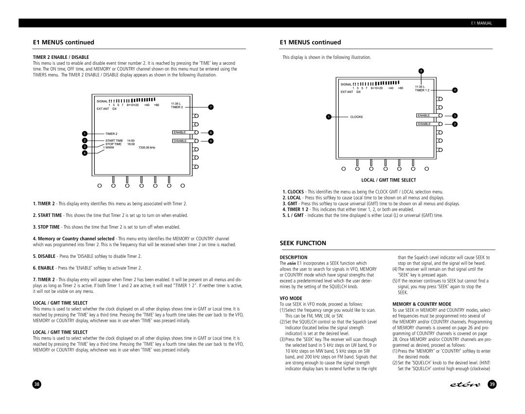 Eton E1 manual Seek Function, Timer 2 Enable / Disable, Local / GMT Time Select, VFO Mode, Memory & Country Mode 