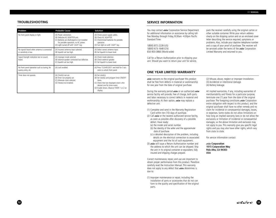 Eton E1 manual Troubleshooting, Service Information, ONE Year Limited Warranty 