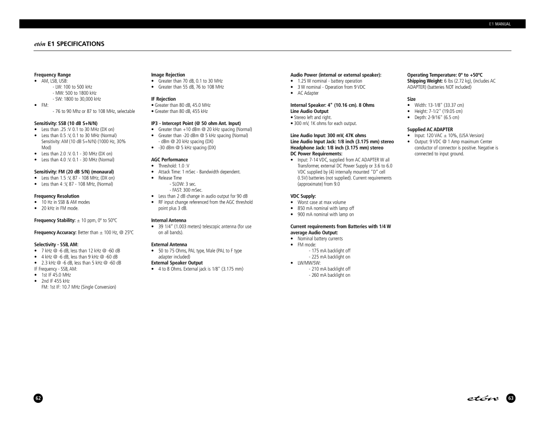 Eton manual Etón E1 Specifications 