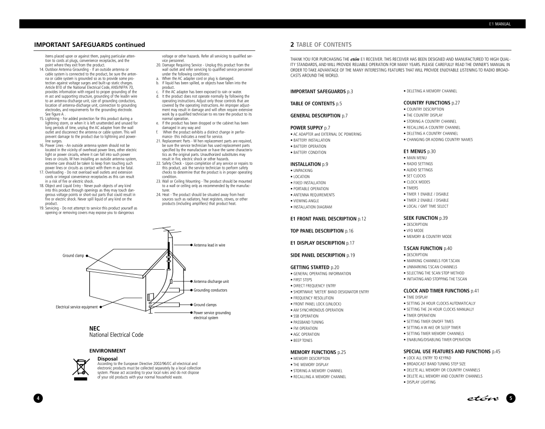 Eton E1 manual Table of Contents 