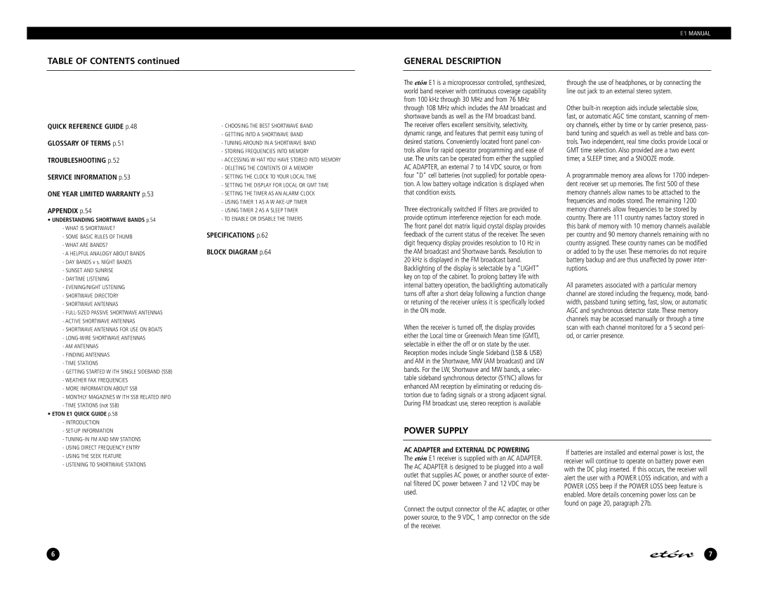 Eton E1 manual Table of Contents, General Description, Power Supply 