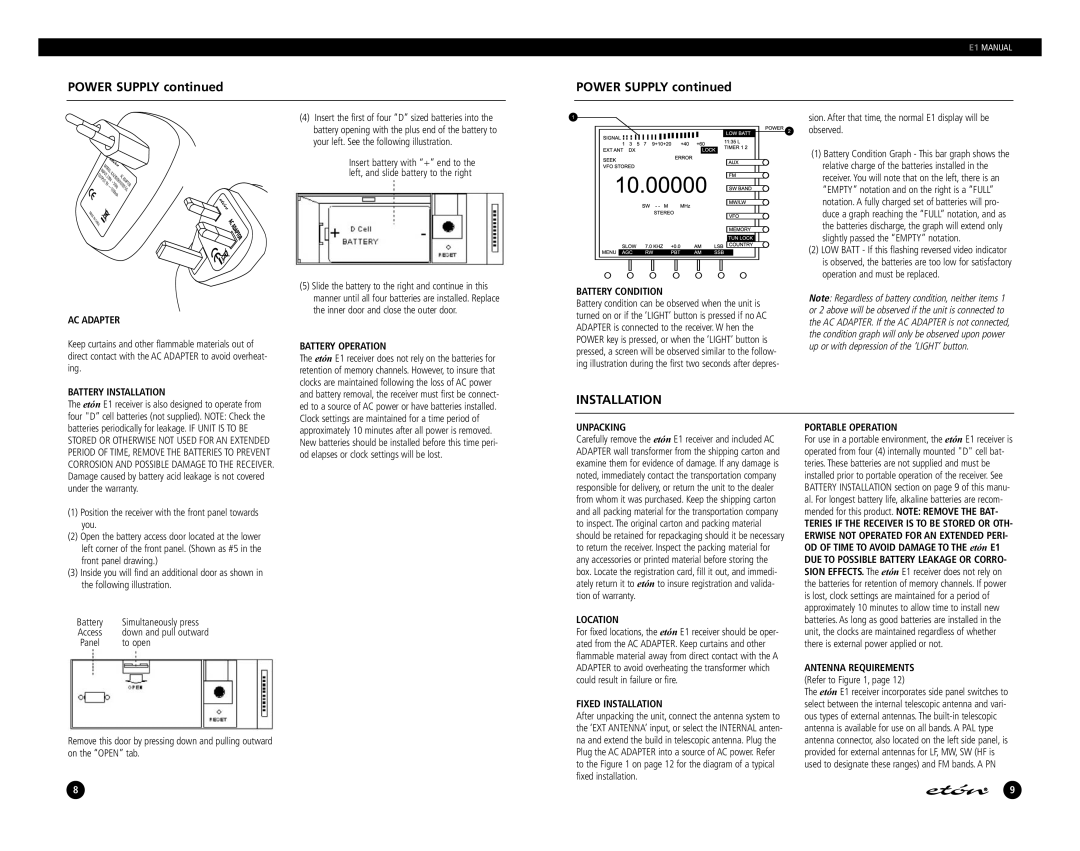 Eton E1 manual Power Supply, Installation 