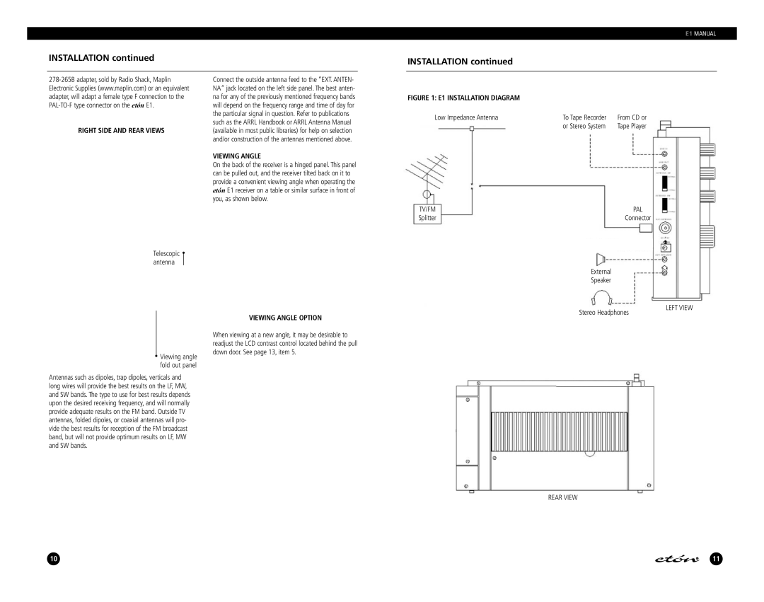 Eton E1 manual Installation, Right Side and Rear Views, Viewing Angle Option 