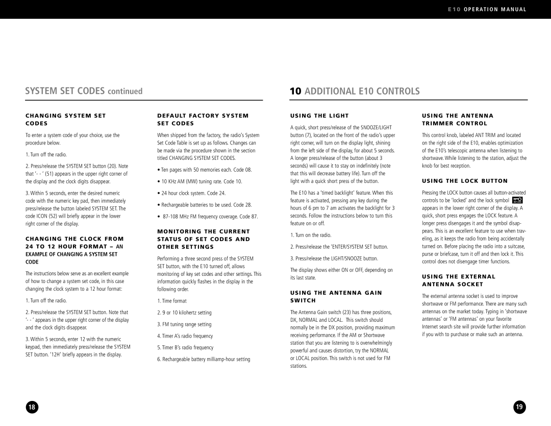 Eton operation manual System SET Codes, Additional E10 Controls 