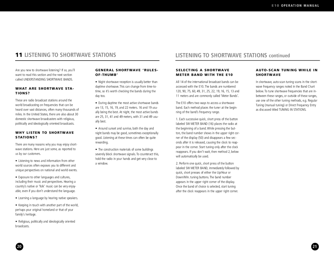Eton E10 operation manual Listening to Shortwave Stations 