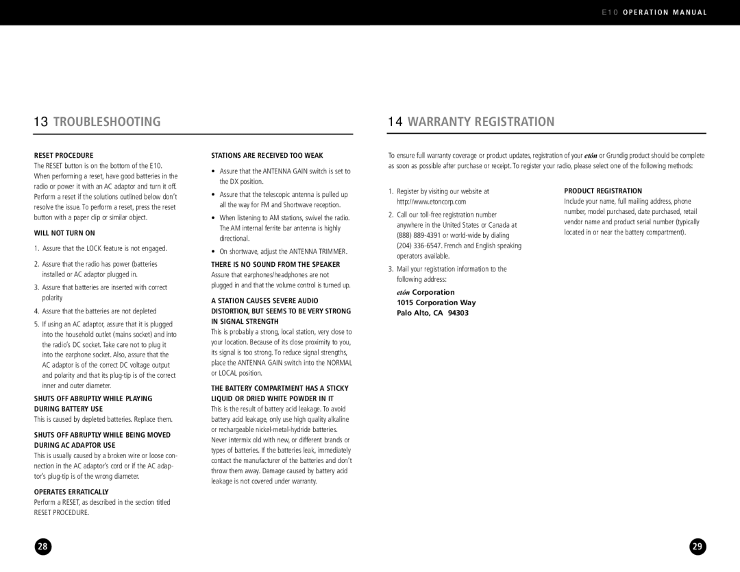 Eton E10 operation manual Troubleshooting Warranty Registration 