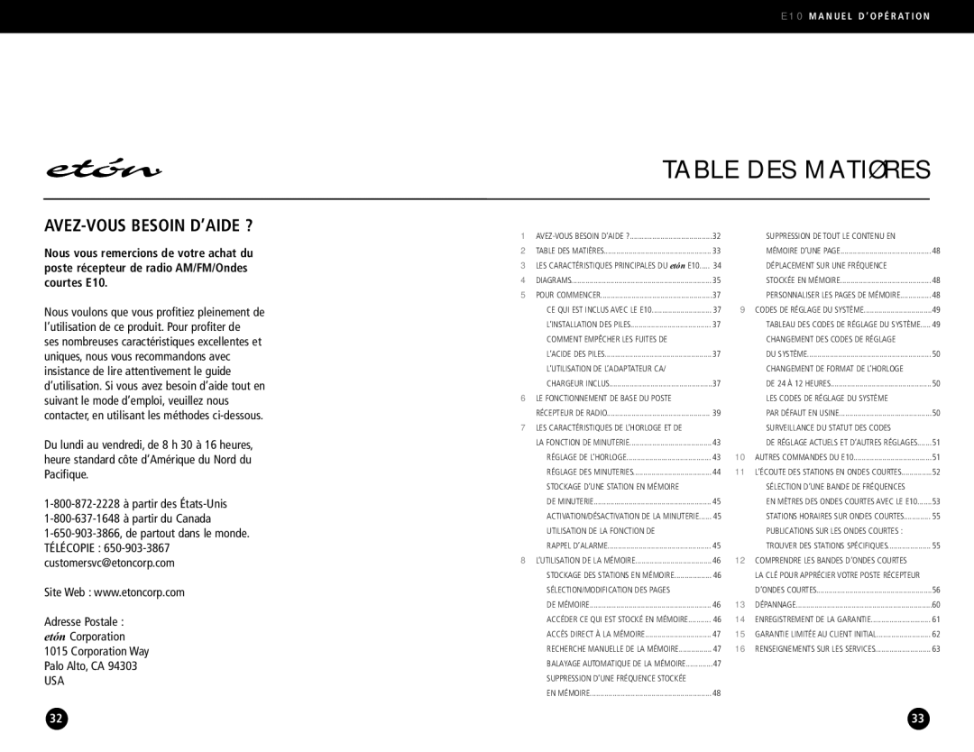 Eton E10 operation manual Table DES Matières 