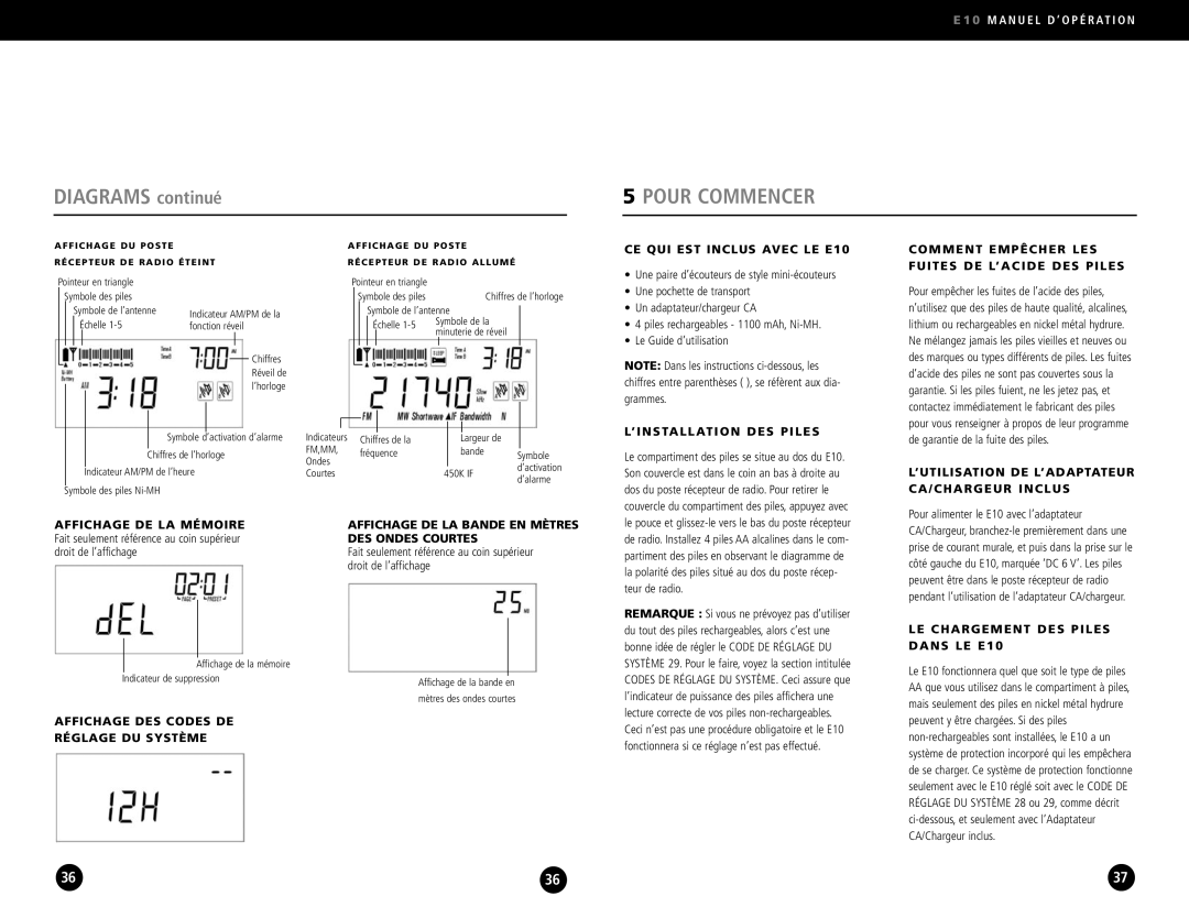 Eton E10 operation manual Diagrams continué, Pour Commencer 