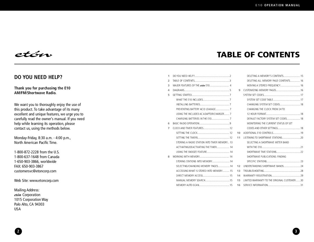 Eton E10 operation manual Table of Contents 