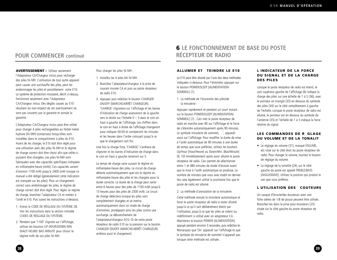 Eton E10 operation manual Pour Commencer continué, LE Fonctionnement DE Base DU Poste Récepteur DE Radio 