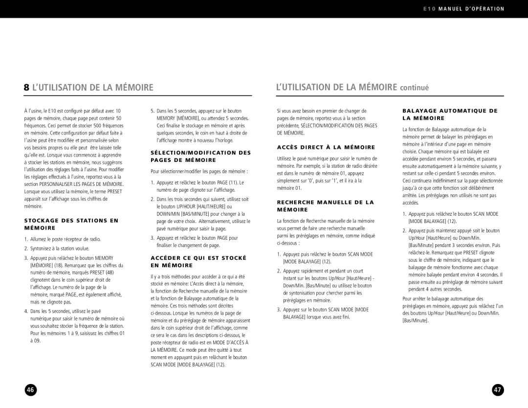 Eton E10 operation manual ’UTILISATION DE LA Mémoire continué 