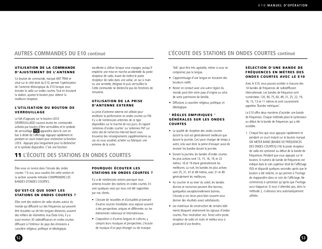 Eton operation manual Autres Commandes DU E10 continué, 11 L’ÉCOUTE DES Stations EN Ondes Courtes 