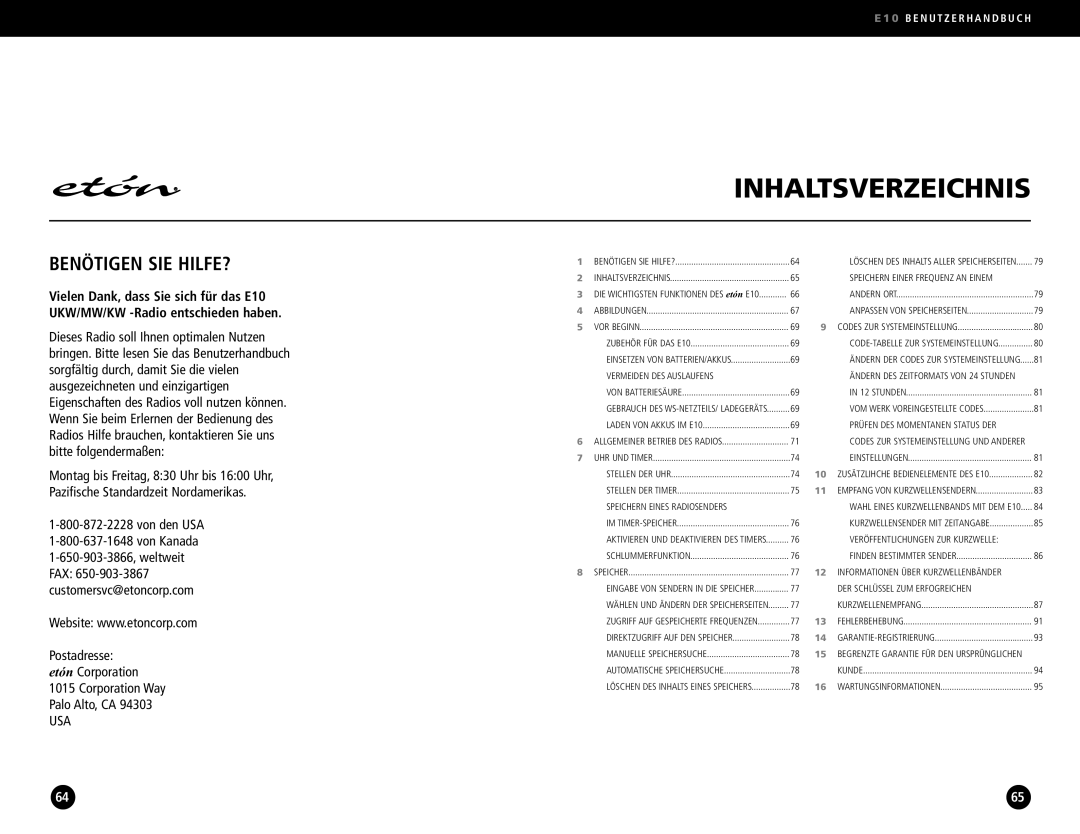 Eton E10 operation manual Inhaltsverzeichnis 