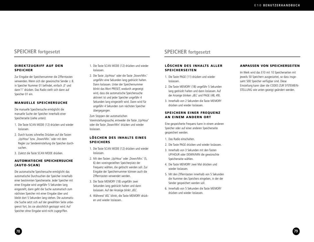 Eton E10 operation manual Direktzugriff AUF DEN Speicher, Manuelle Speichersuche, Automatische Speichersuche AUTO-SCAN 